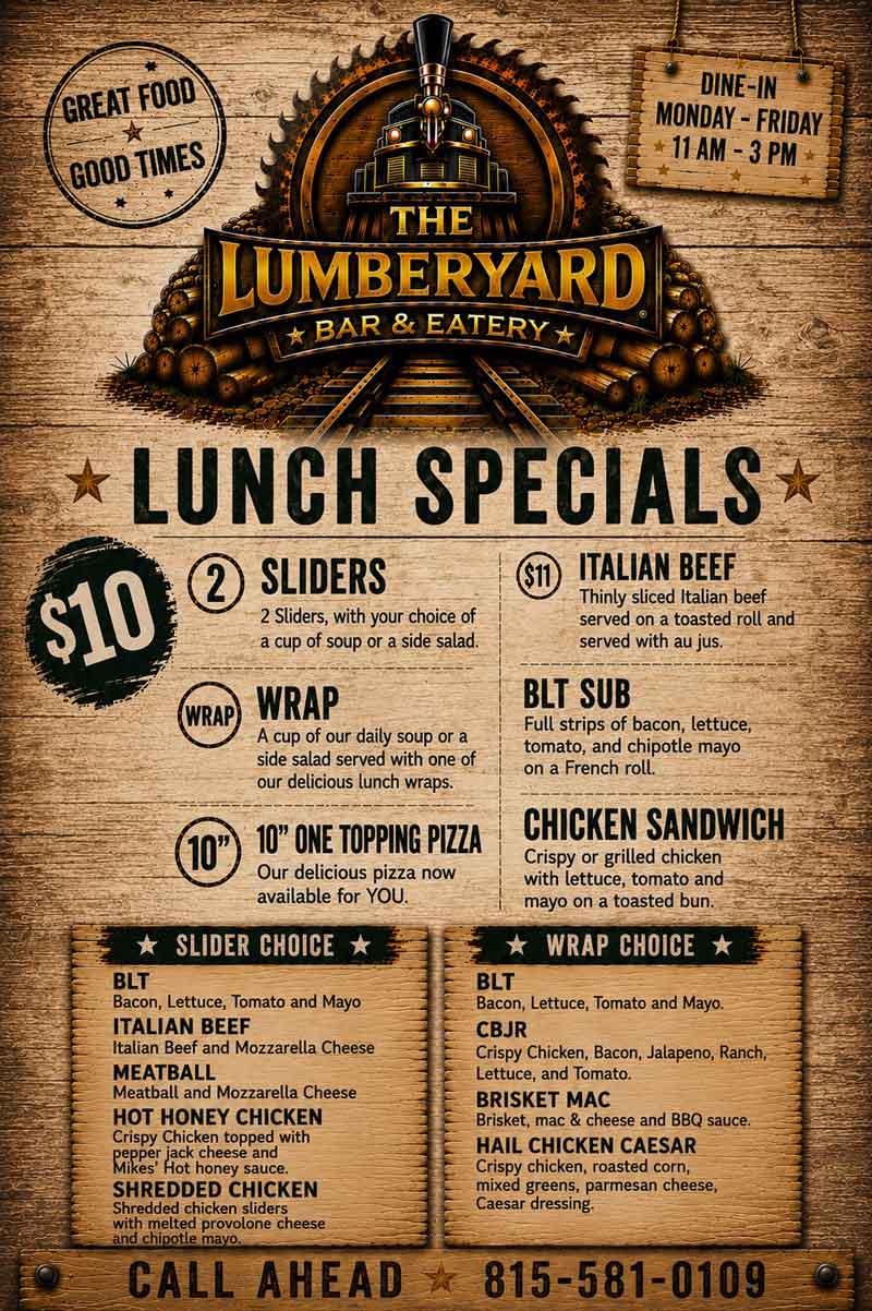 A rustic menu for The Lumberyard Bar & Eatery featuring $10 lunch specials and slider options.